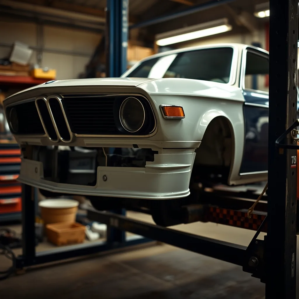 BMW 2002tii restoration - classic 1970s coupe in restoration garage close-up