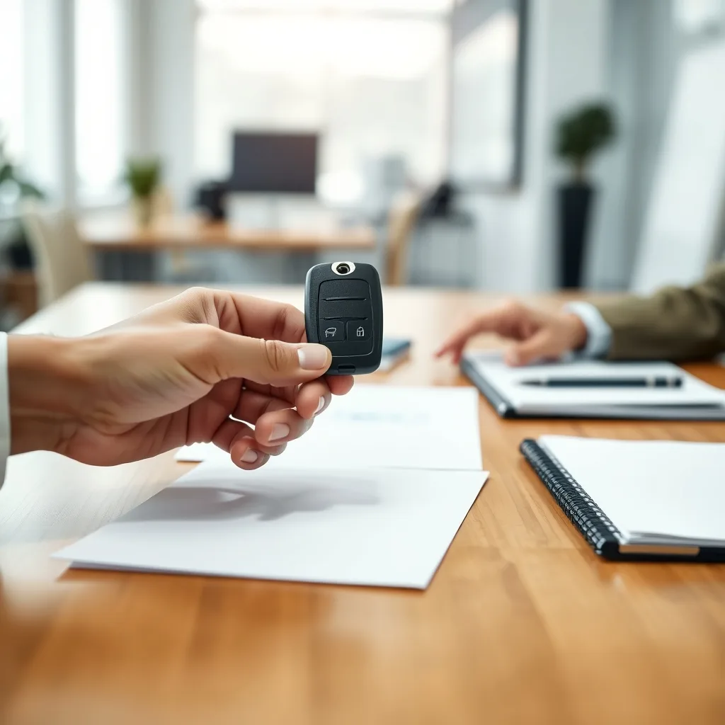 Buying auto insurance coverage: car key handover with policy documents