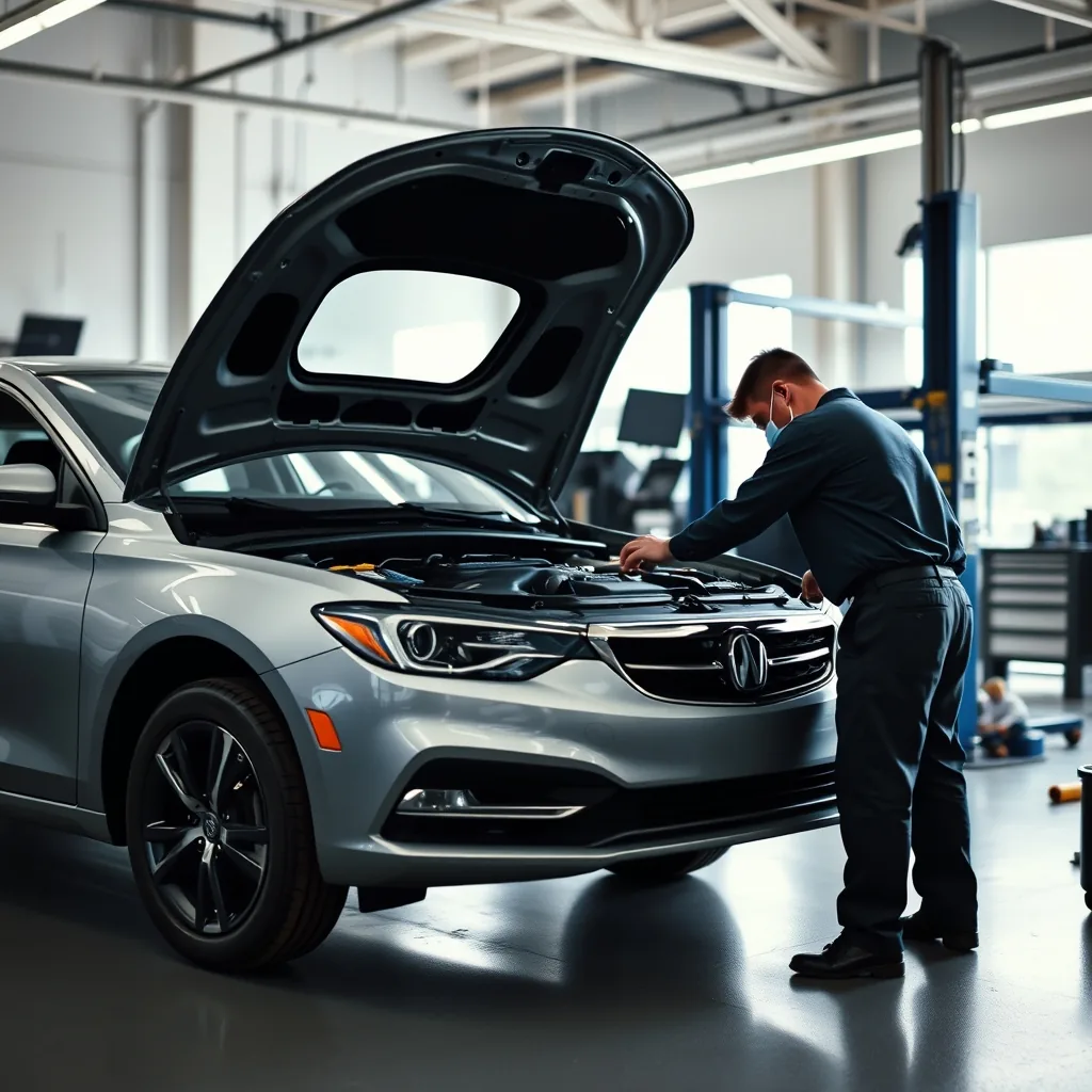 Car servicing cost guide with mechanic servicing a sedan in a garage