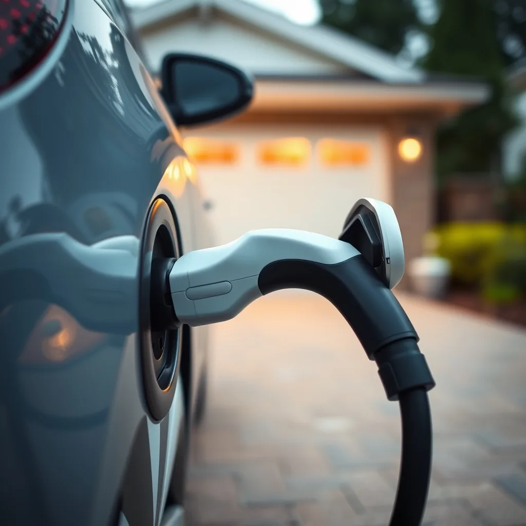 EV charging station close-up of home charging plug connected to electric car