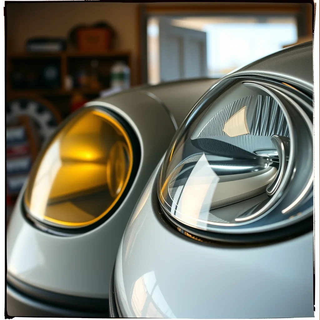 Headlight restoration close-up comparing cloudy and clear car headlight in a garage