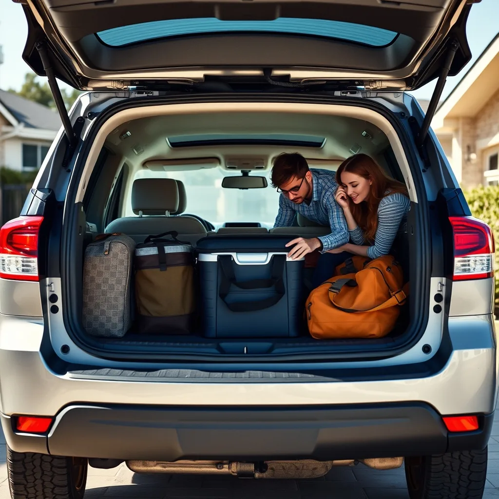 pack car for road trip family packing SUV cargo in daylight