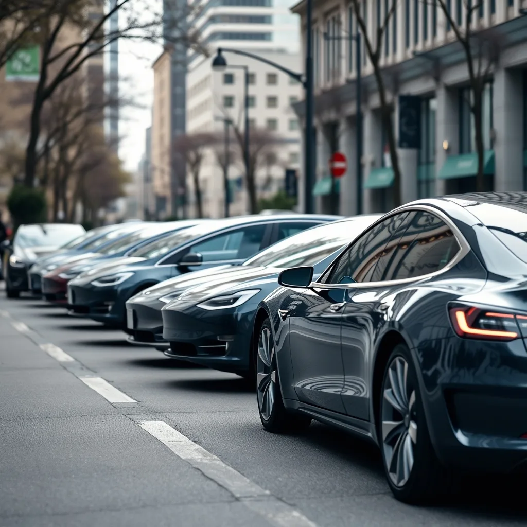 Tesla prices guide with electric sedan lineup on a city street
