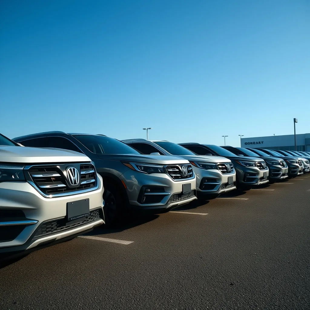 used midsize SUV dealer lot lineup in daylight
